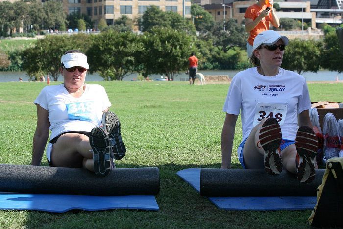 Women foam rolling